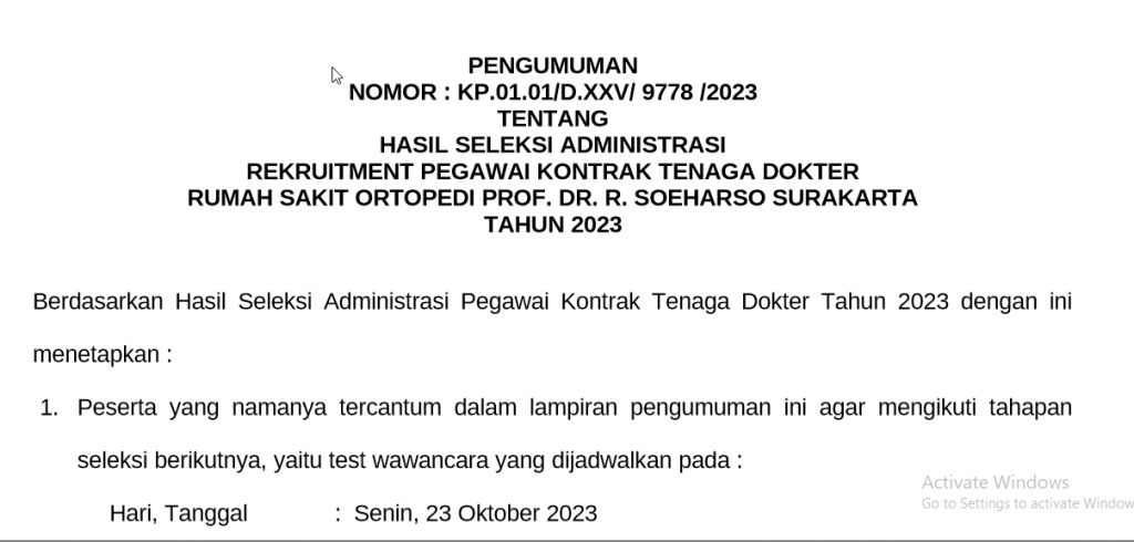 HASIL SELEKSI ADMINISTRASI  REKRUITMENT PEGAWAI KONTRAK TENAGA DOKTER RSO TAHUN 2023