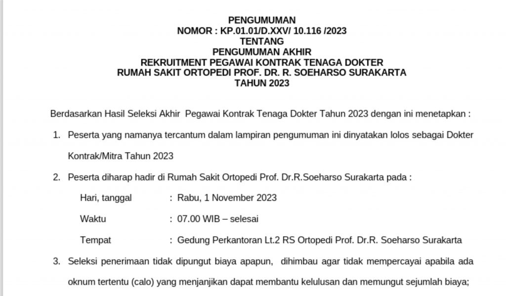 PENGUMUMAN AKHIR   REKRUITMENT PEGAWAI KONTRAK TENAGA DOKTER  RSO TAHUN 2023